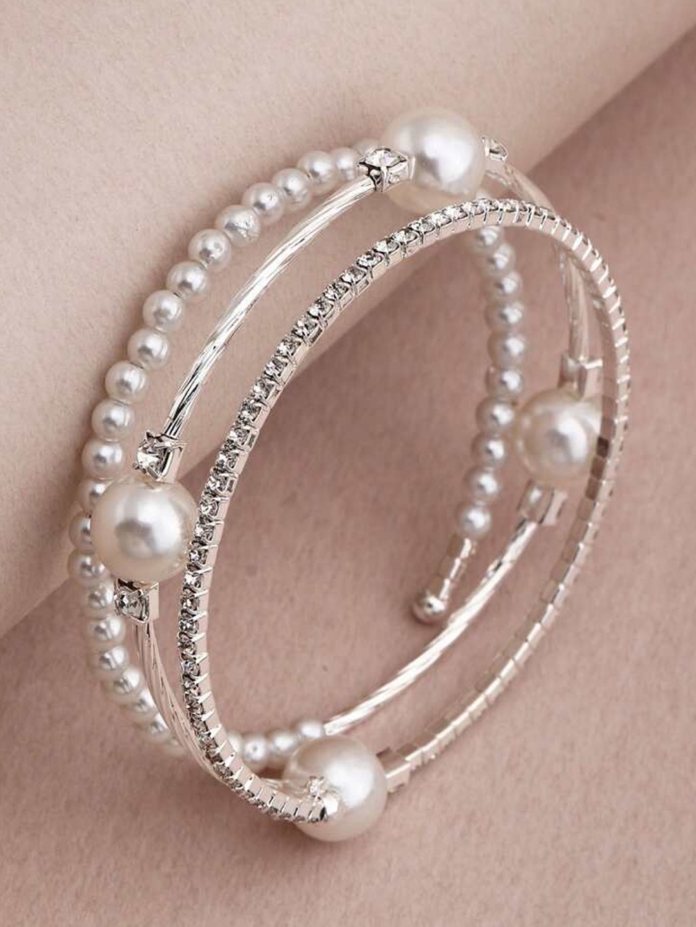 Silver Pearl & Crystal Multi‑Row Bangle Bracelet